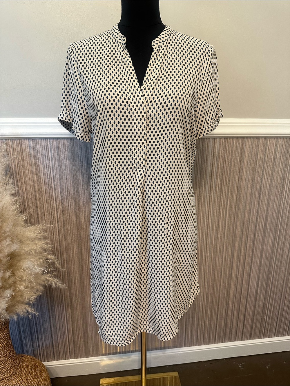 H&M Cream & Navy Geometric Print Tunic Blouse Dress Size 6